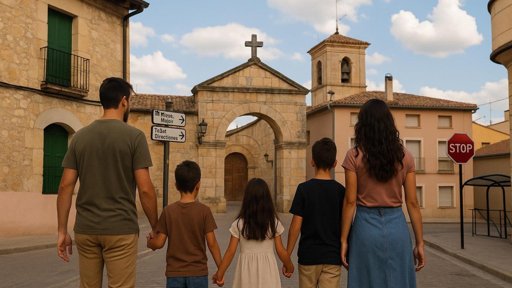 Imagen elaborada con IA de una familia en un pueblo
