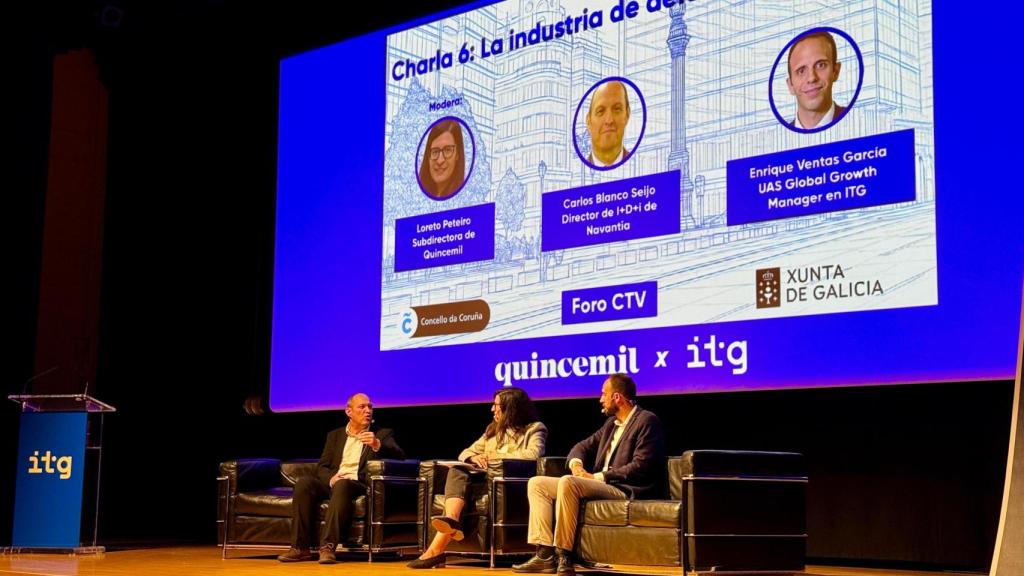 Carlos Blanco Seijo, director de I+D+i de Navantia; Loreto Peteiro, subdirectora de Quincemil; y Enrique Ventas García, UAS Global Growth Manager en ITG.