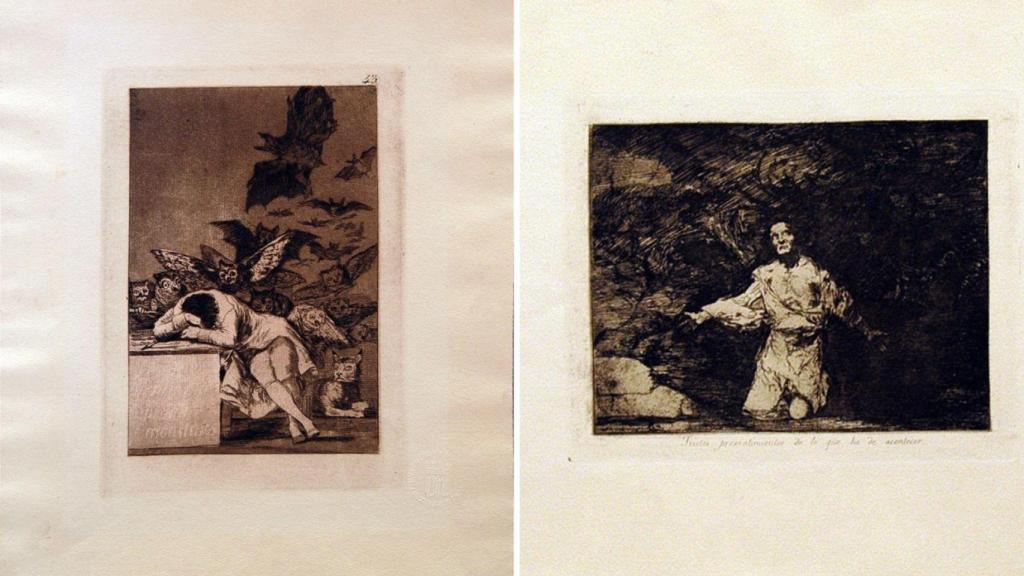 Dos gravados de Goya (El sueño de la razón produce monstruos y Tristes presentimientos de lo que ha de acontecer) expuestos en el Museo de Belas Artes.