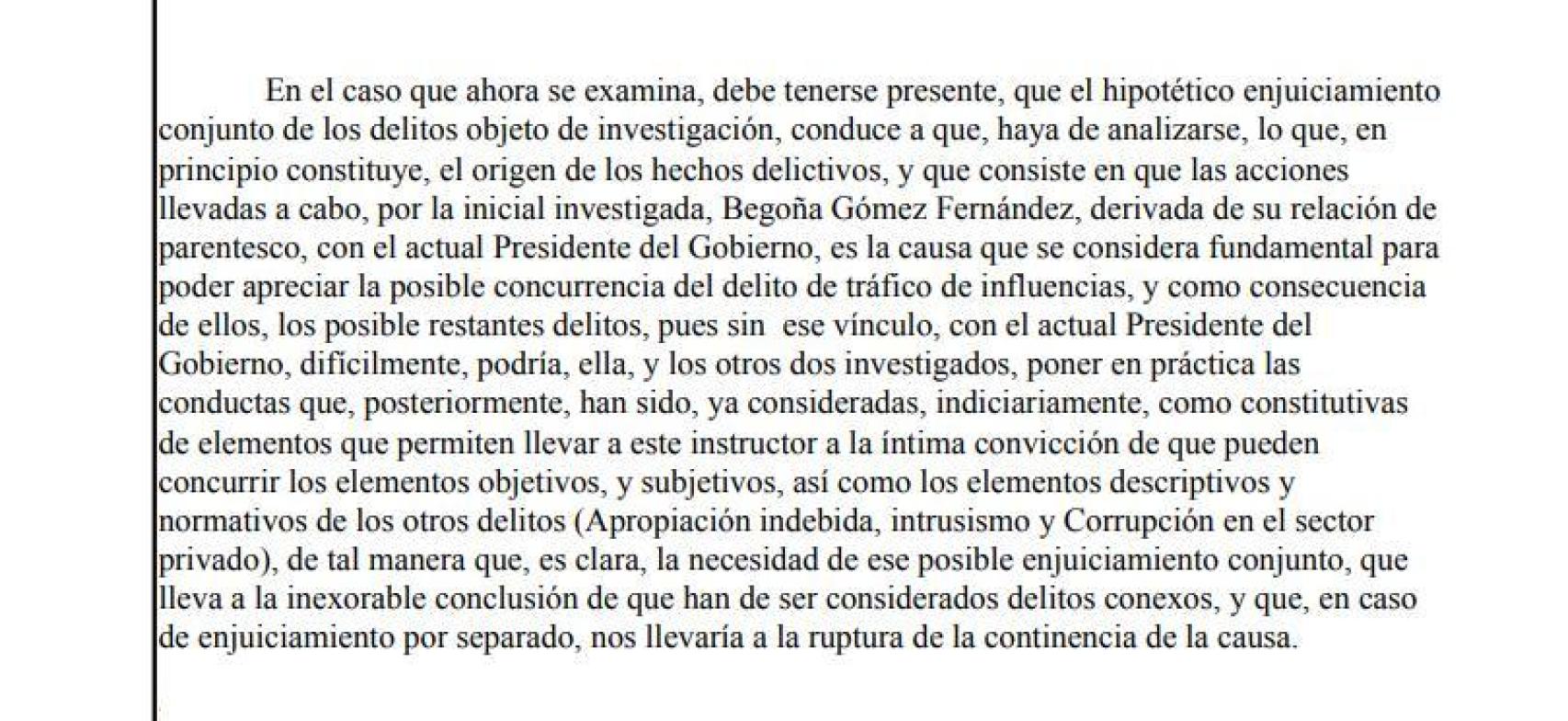 Fragmento del auto de Peinado sobre Begoña Gómez y su vínculo con Sánchez.