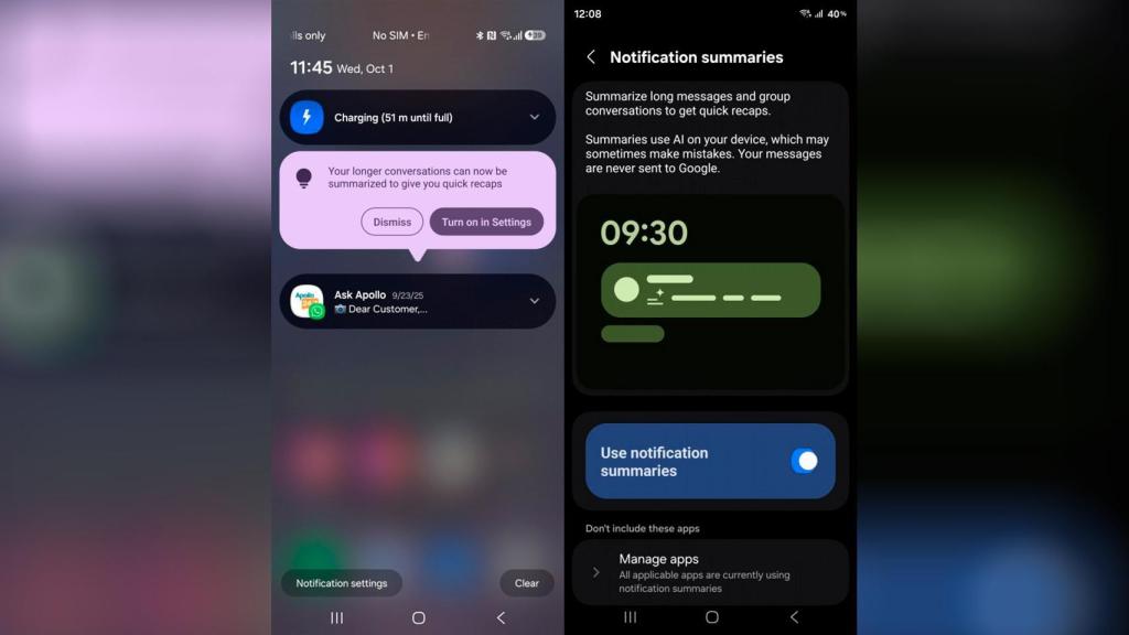 La pantalla de ajustes de One UI 8.5 para activar los resúmenes de notificaciones con IA