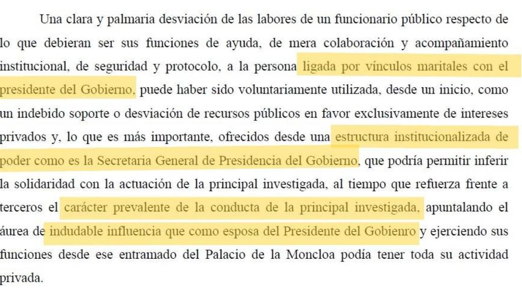 Fragmento del auto de la Audiencia Provincial de Madrid sobre Begoña Gómez y su influencia como esposa de Sánchez.