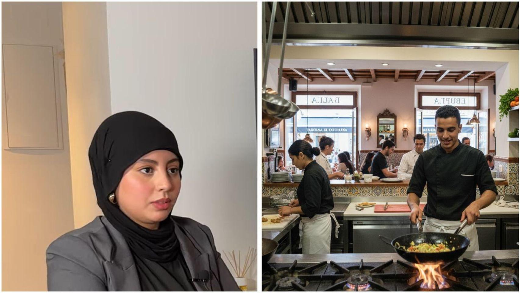 Lamyae, joven marroquí que vive en España y una imagen, generada por IA, de unos trabajadores inmigrantes.