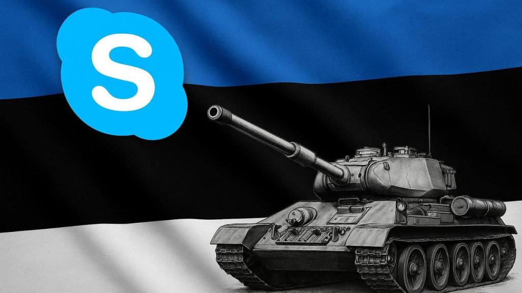 Fotomontaje creado con IA sobre la evolución de la innovación en Estonia: de Skype a la defensa.