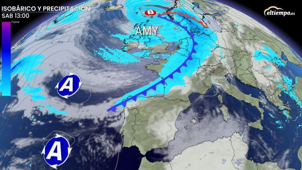 El frente asociado a la borrasca Amy que afectará al norte de España. ElTiempo. es.