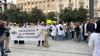 Médicos de Aragón concentrados en la plaza del Pilar, por la huelga contra el Estatuto Marco.