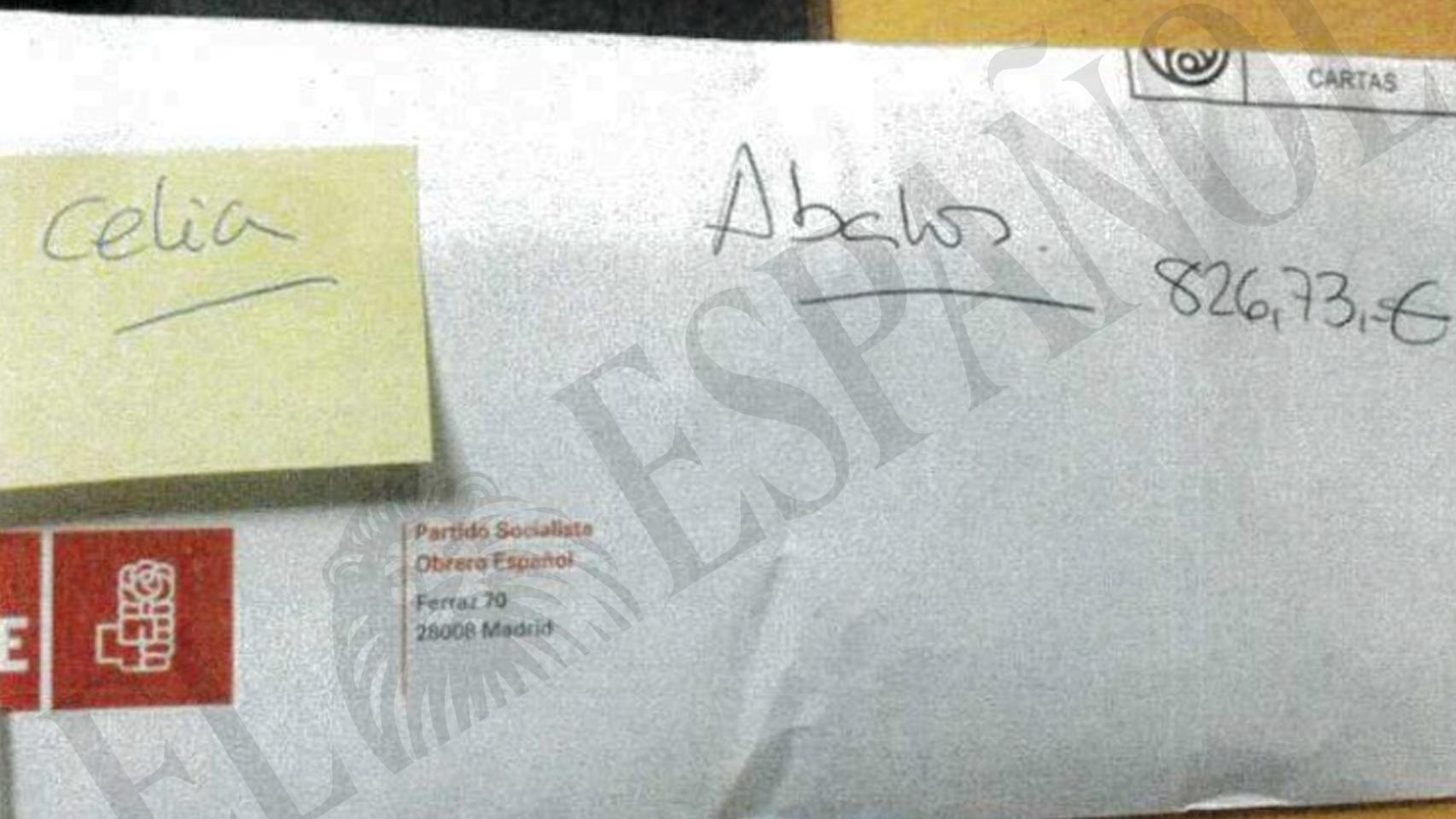 Sobre del PSOE con dinero en efectivo para el exministro Ábalos.