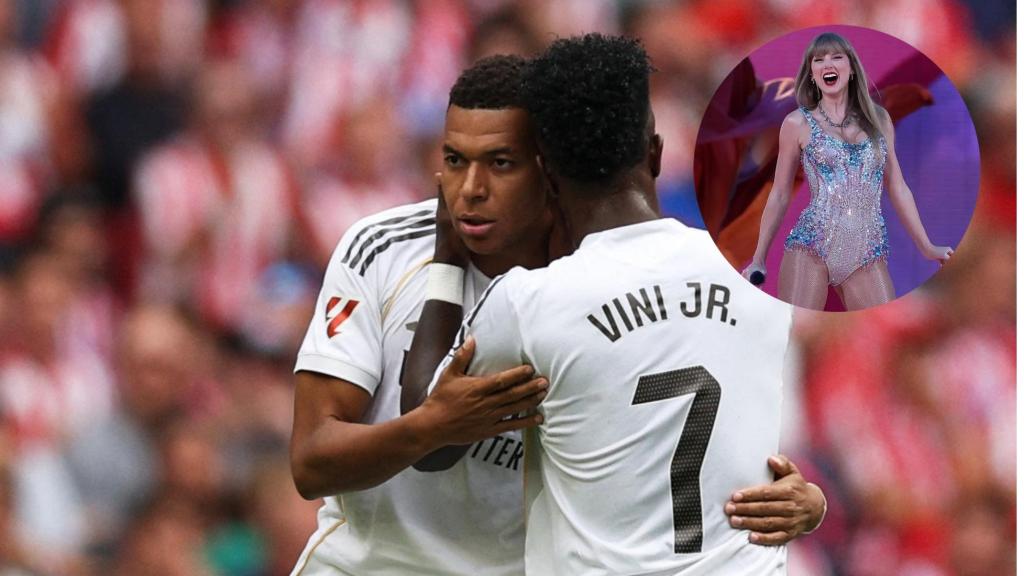 Mbappé y Vinicius celebran el primer gol ante el Atlético de Madrid.