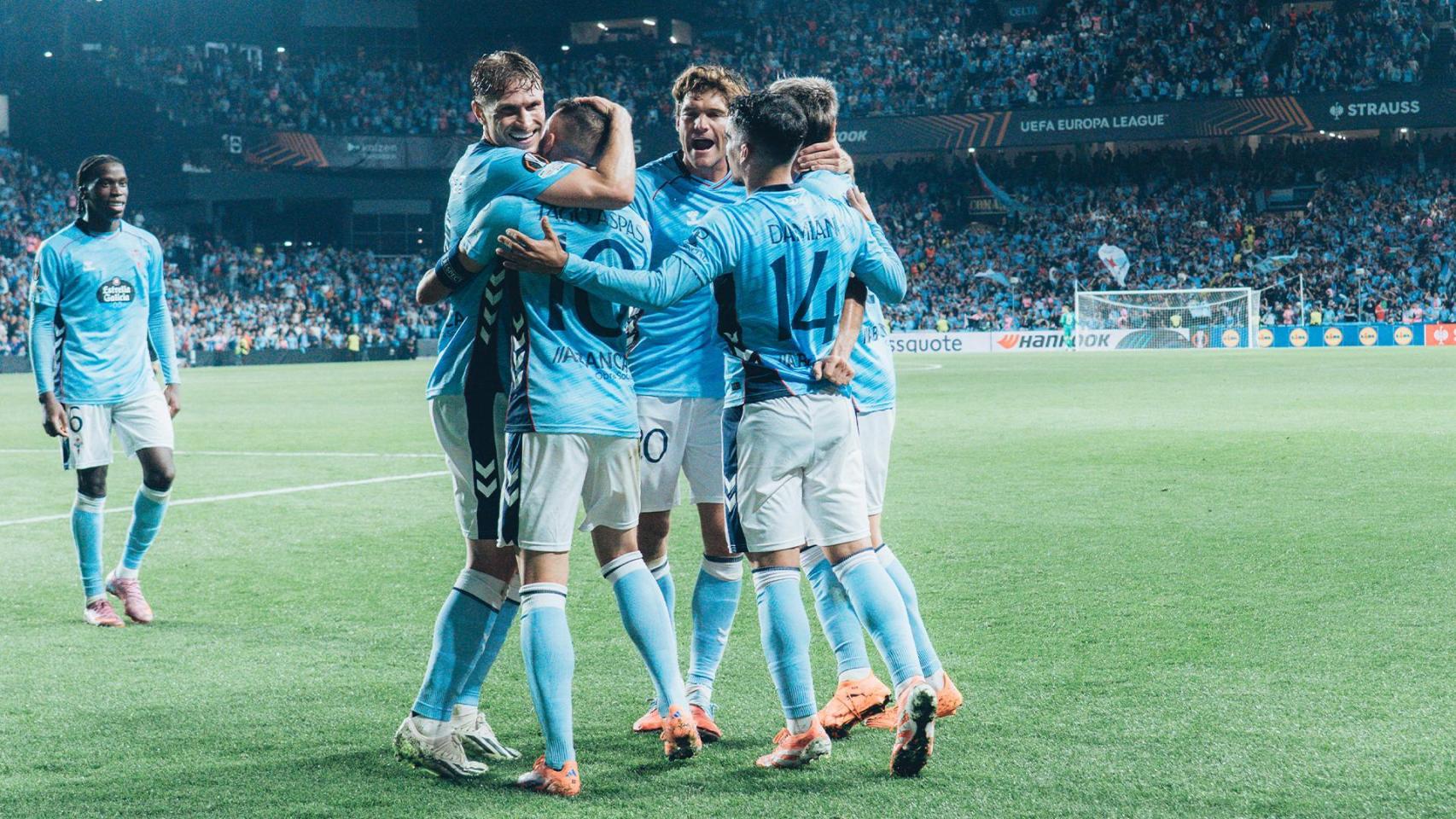 El Celta celebrando el gol de Iago Aspas frente al PAOK