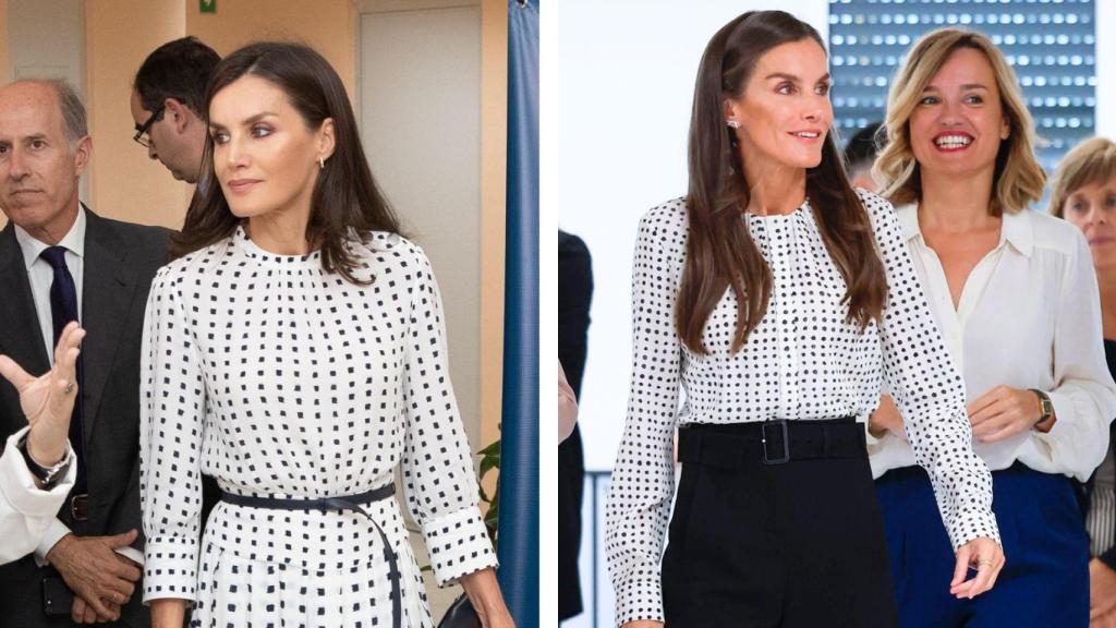 La Reina ha estrenado una blusa parecida a su diseño de falsos lunares de Massimo Dutti.