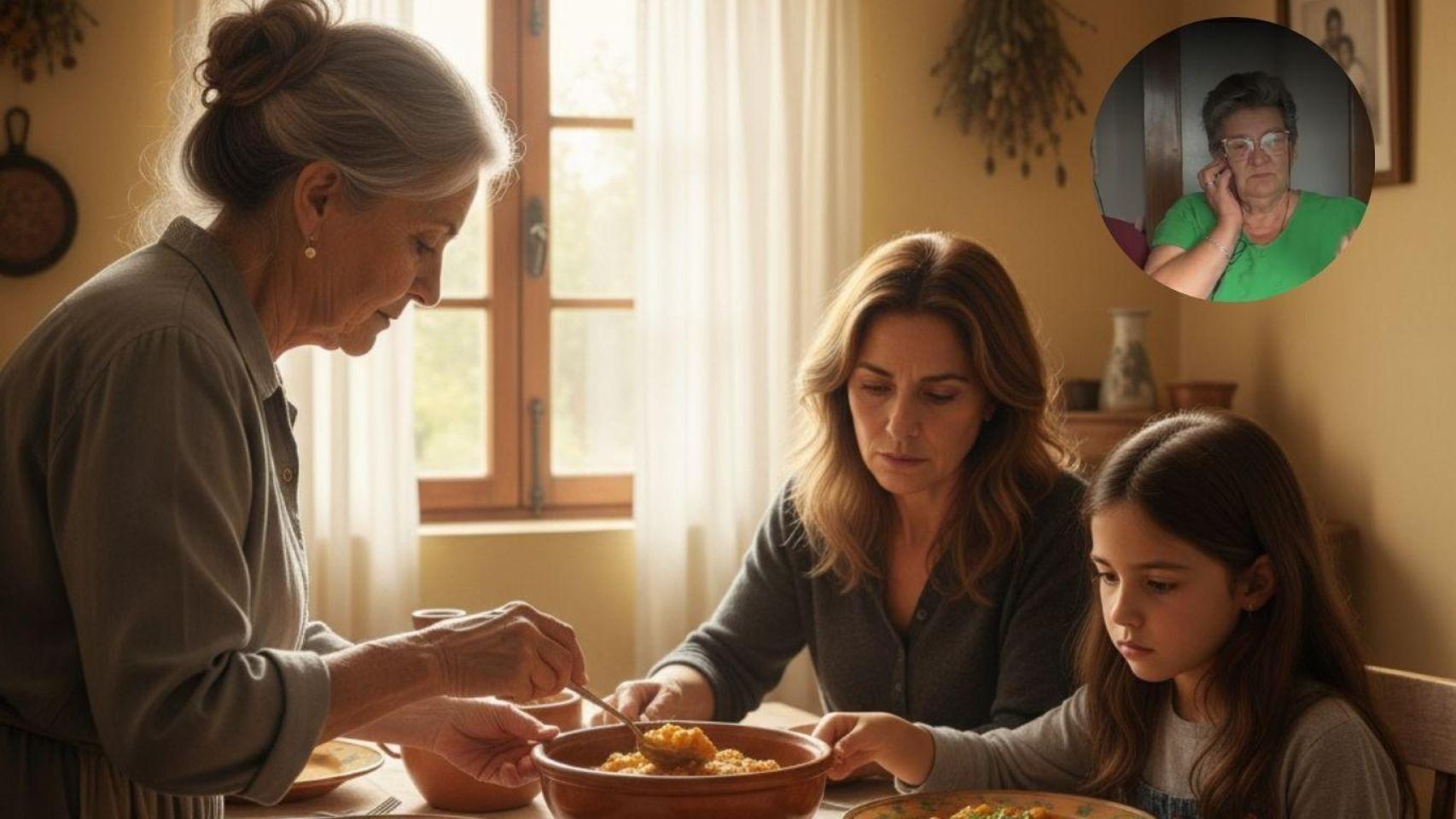 Julia Suárez y una imagen generada por IA de una mujer sirviendo un plato de comida a su hija y a su nieta.