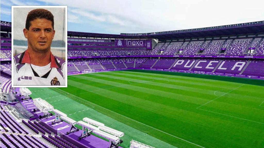 Imagen del estadio José Zorrilla (Foto_ Real Valladolid) y, en el recuadro, Edu Manga con la blanquivioleta (RRSS)
