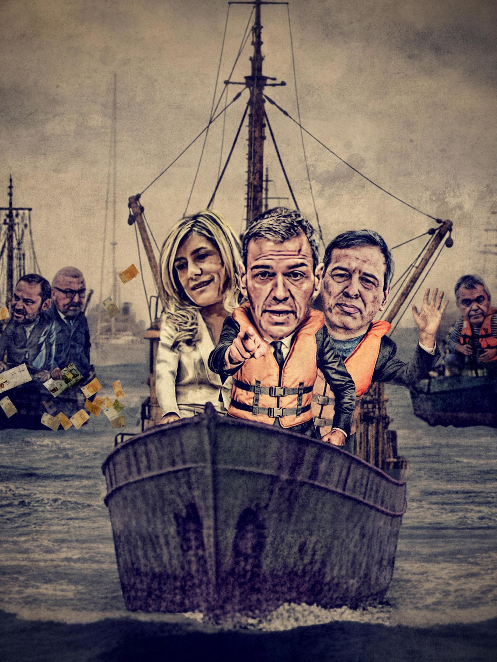 Ilustración de Pedro Sánchez junto a su mujer y a su hermano.