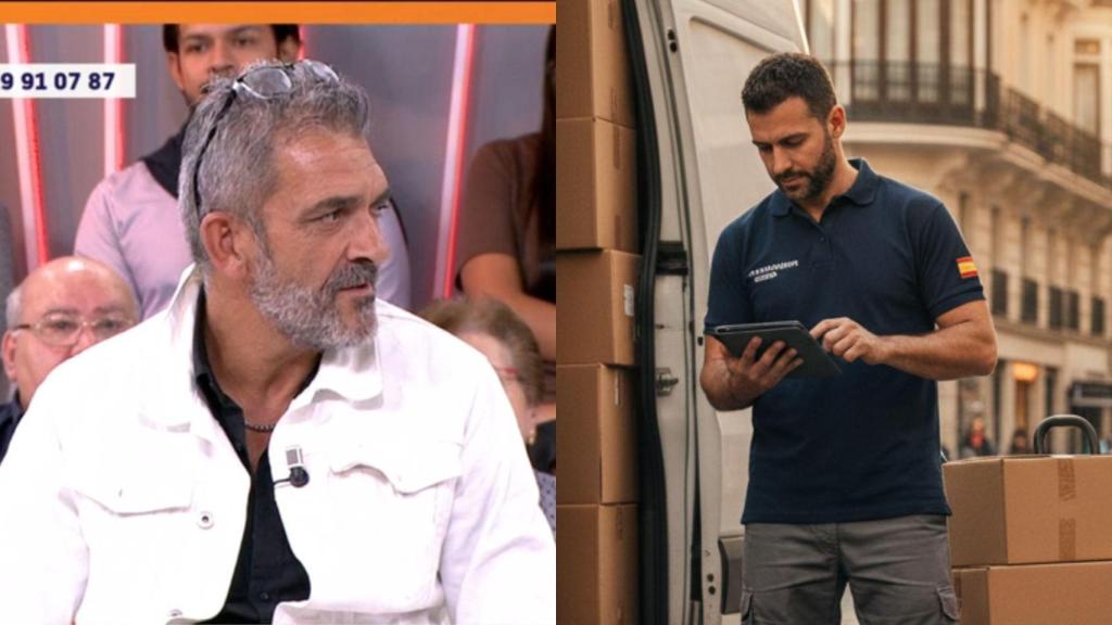 Tomás Gómez y una imagen generada por IA de un hombre trabajando como repartidor.