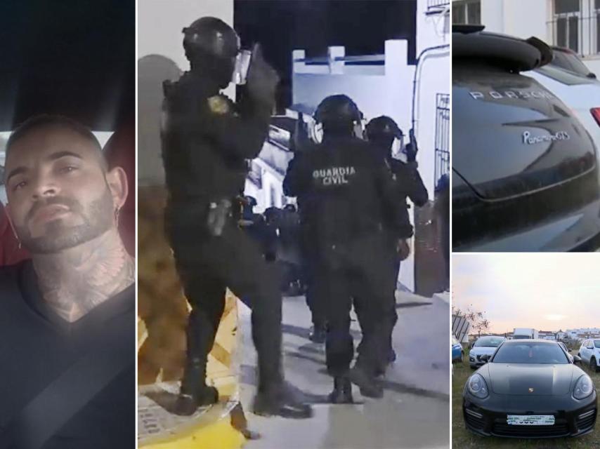 El líder del Clan de Los Piñitos, Francisco Javier Ramos, 'El Patrón'; su Porsche Panamera incautado por la Guardia Civil y una operación policial contra el narcotráfico en Puerto Serrano (Cádiz).