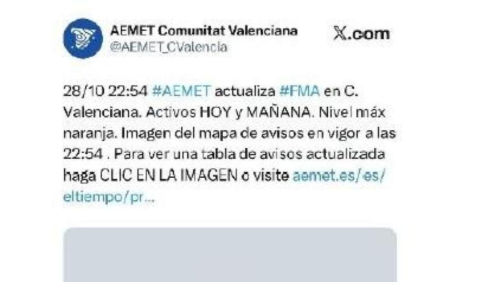 Alerta de la Aemet de las 22.54 del 28 de octubre de 2024 para Valencia.