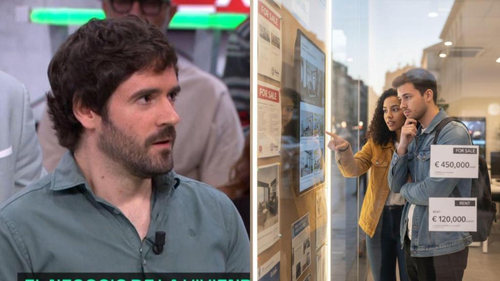 Imagen de Rubén Zaballos y una imagen generada por IA de unas viviendas en venta.
