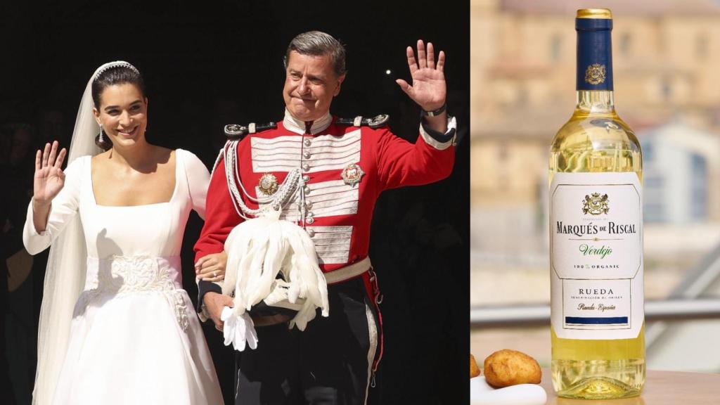 Cayetano Martínez de Irujo y Bárbara Mirjan en su boda junto a una imagen del vino verdejo de Marqués de Riscal