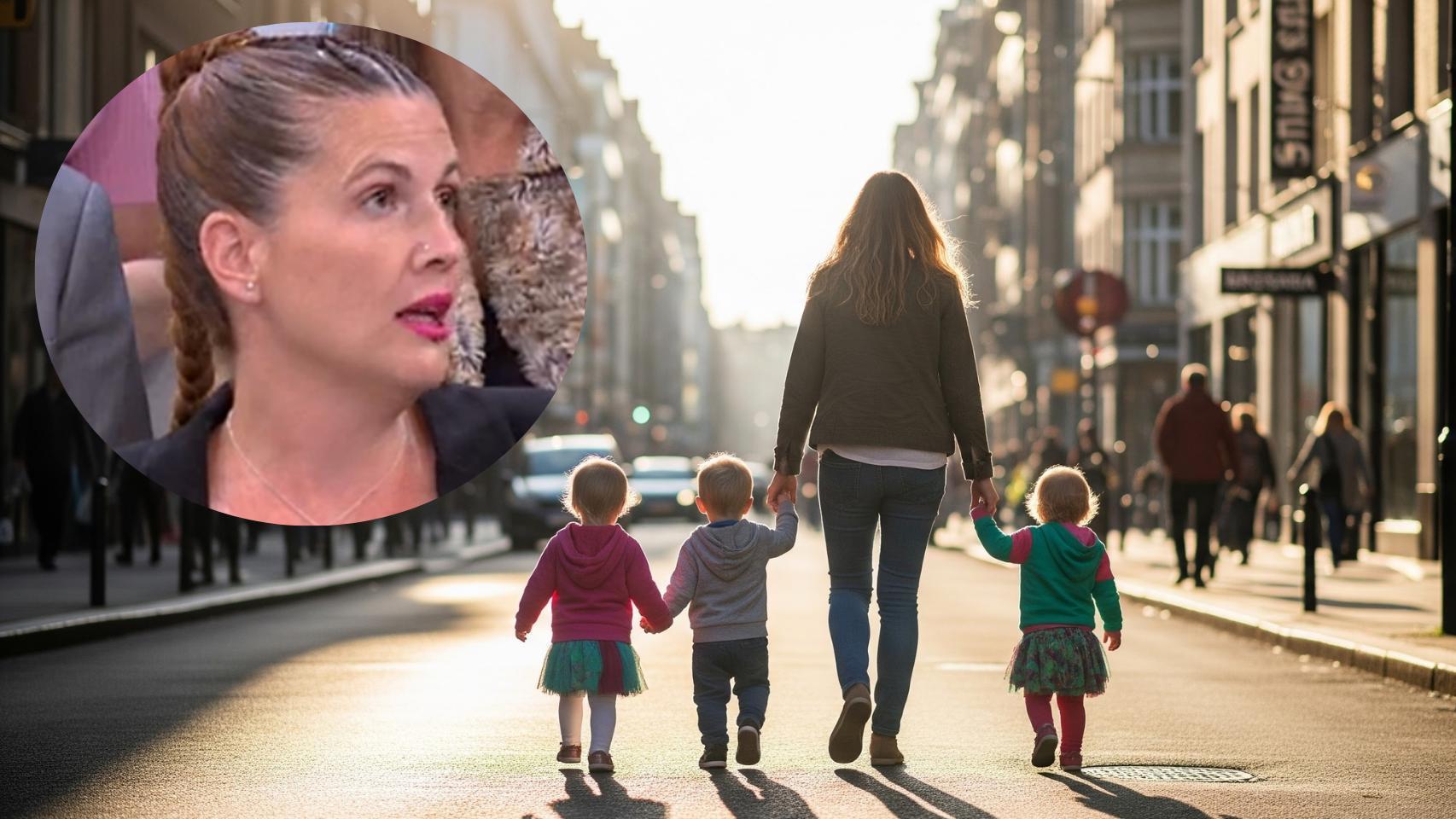 Montaje de Sonia Mel con una mujer y tres hijos en una imagen creada con IA.