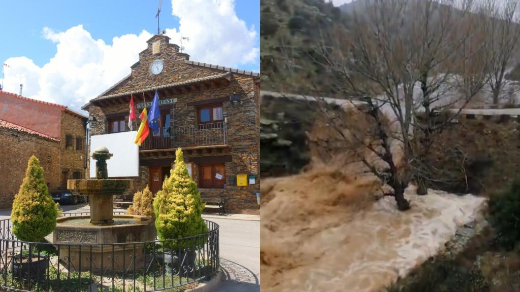 Montaje con una foto del Ayuntamiento de Zarzuela de Jadraque y otra del puente derruido.