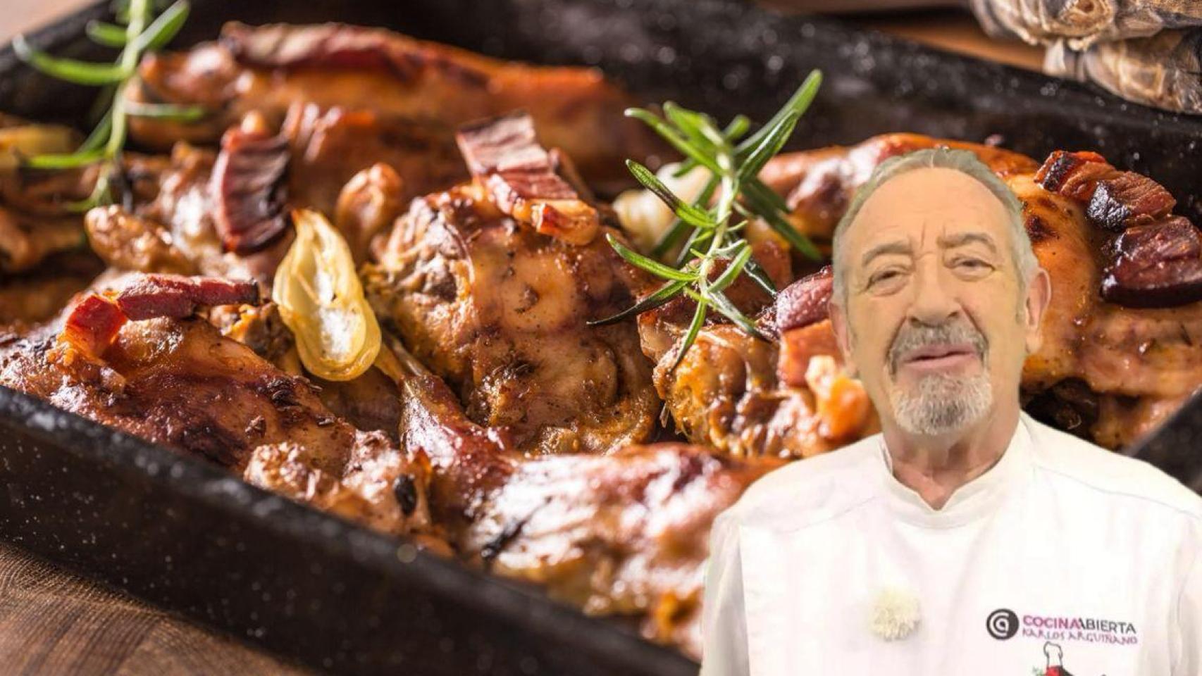 Karlos Arguiñano al lado de una bandeja de conejo.