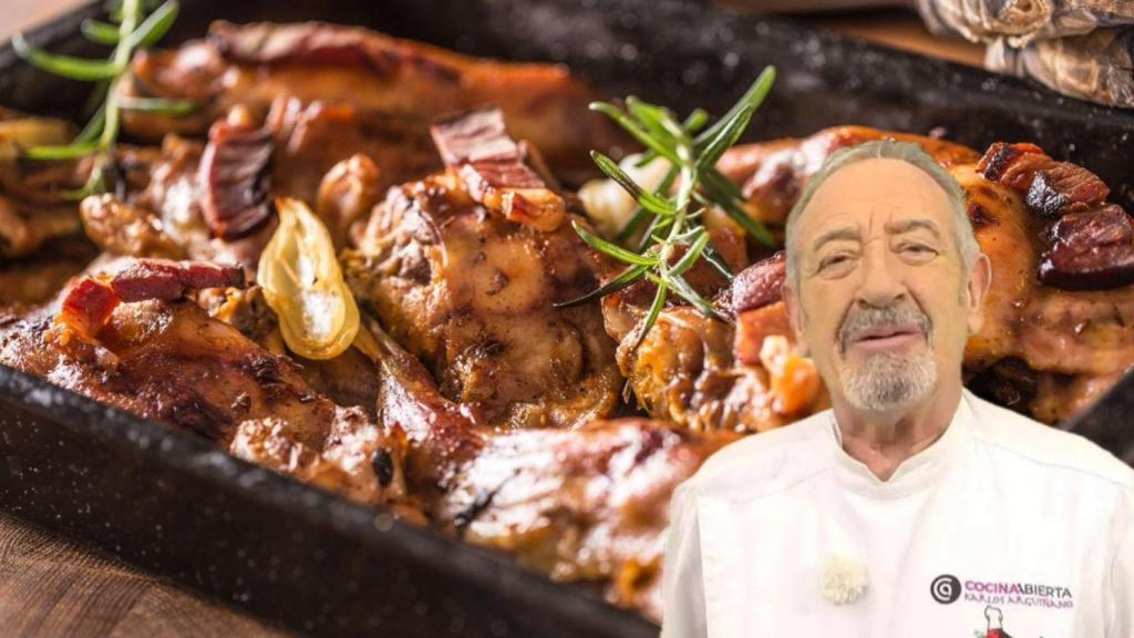 Karlos Arguiñano al lado de una bandeja de conejo.