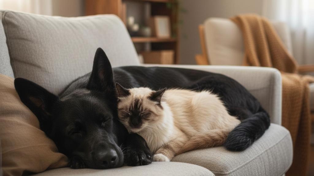 Un gato y un perro en un sofá.