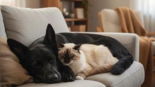 Un gato y un perro en un sofá.