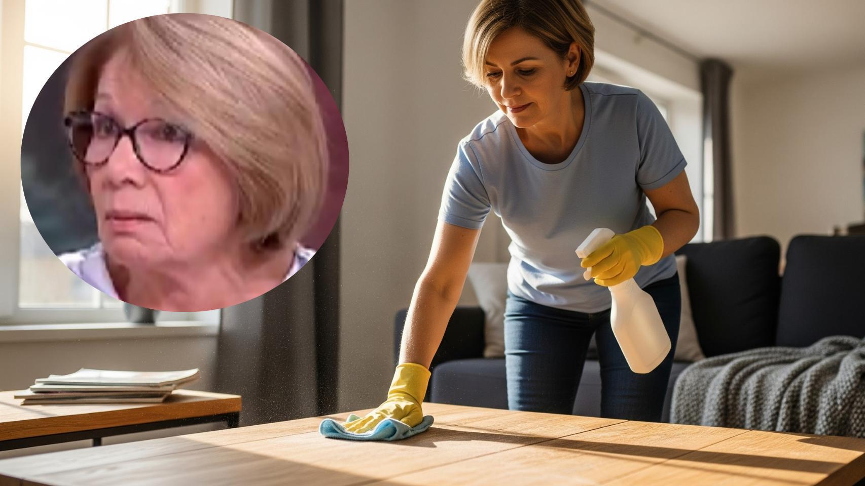 Montaje de Antonia Velázquez con una mujer limpiando una casa en una imagen creada con IA.