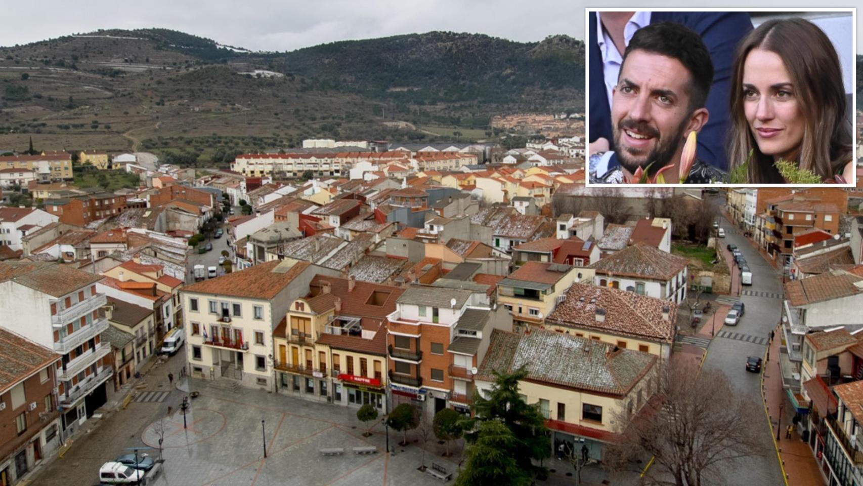 Panorámica de Cebreros junto a una imagen de David Broncano y Silvia Alonso