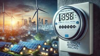 Fotomontaje de un fondo de una ciudad por la noche, con aerogeneradores y paneles fotovoltaicos y un contador cuartohorario.