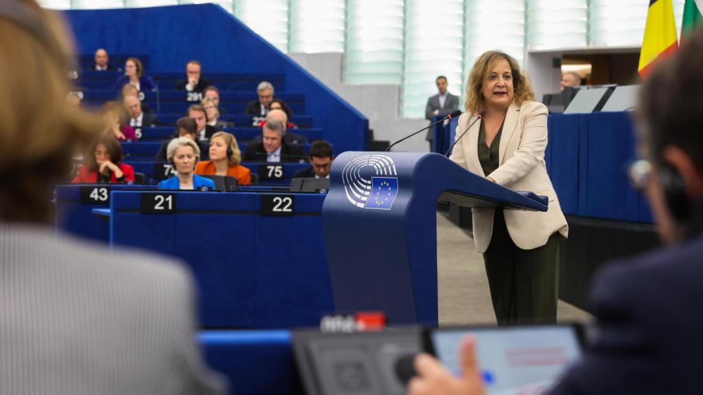 La líder de los socialistas europeos, Iratxe García, durante el debate de este lunes en la Eurocámara