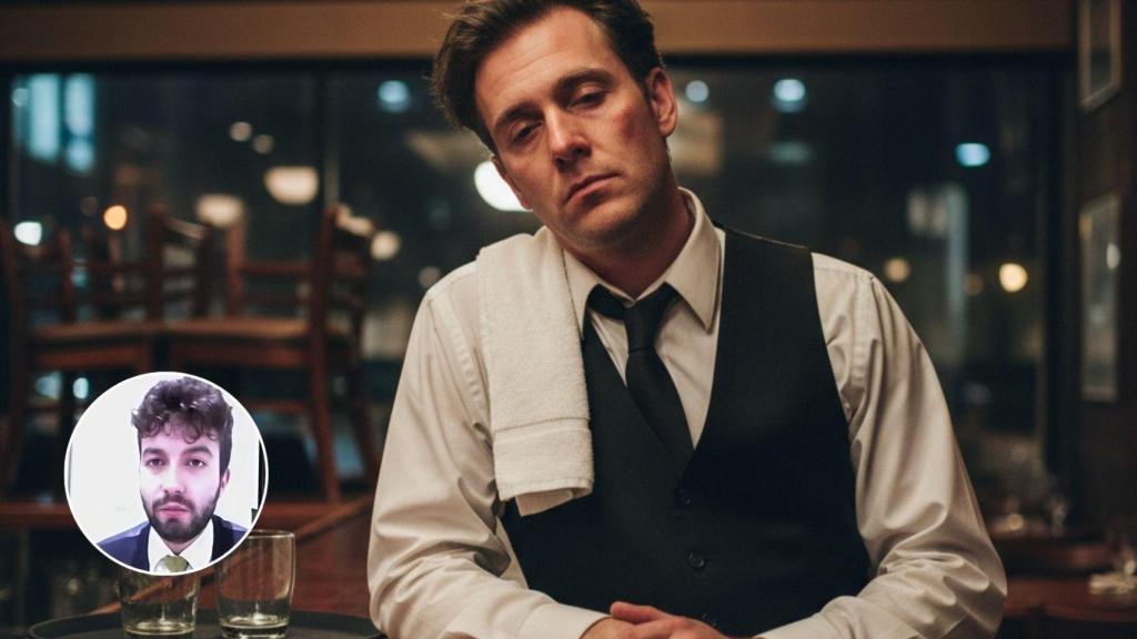 José Miguel y un camarero cansado generado con IA.