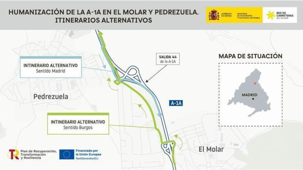 Transportes inicia las obras para adaptar a peatones y ciclistas la A-1A en El Molar y Pedrezuela.