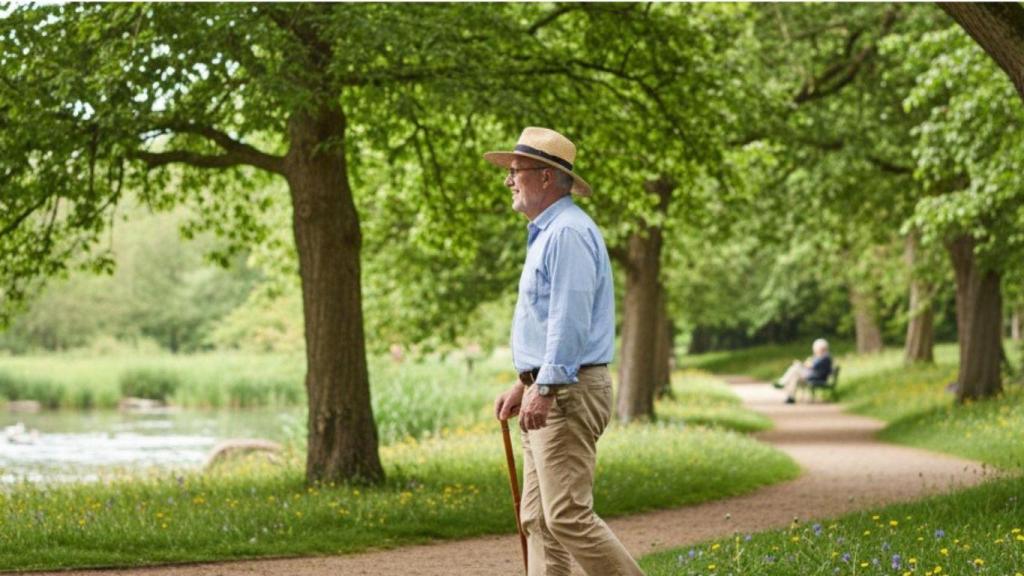 Un jubilado paseando en un parque.