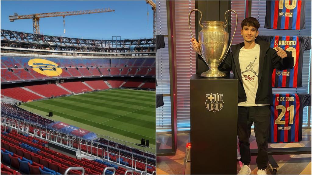 Montaje de las obras del Camp Nou junto a Pau Segarra, aficionado culé