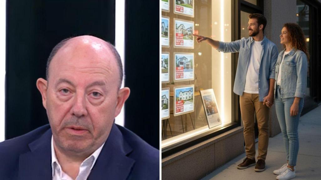 Gonzalo Bernardos y dos jóvenes viendo viviendas en venta generados con IA.