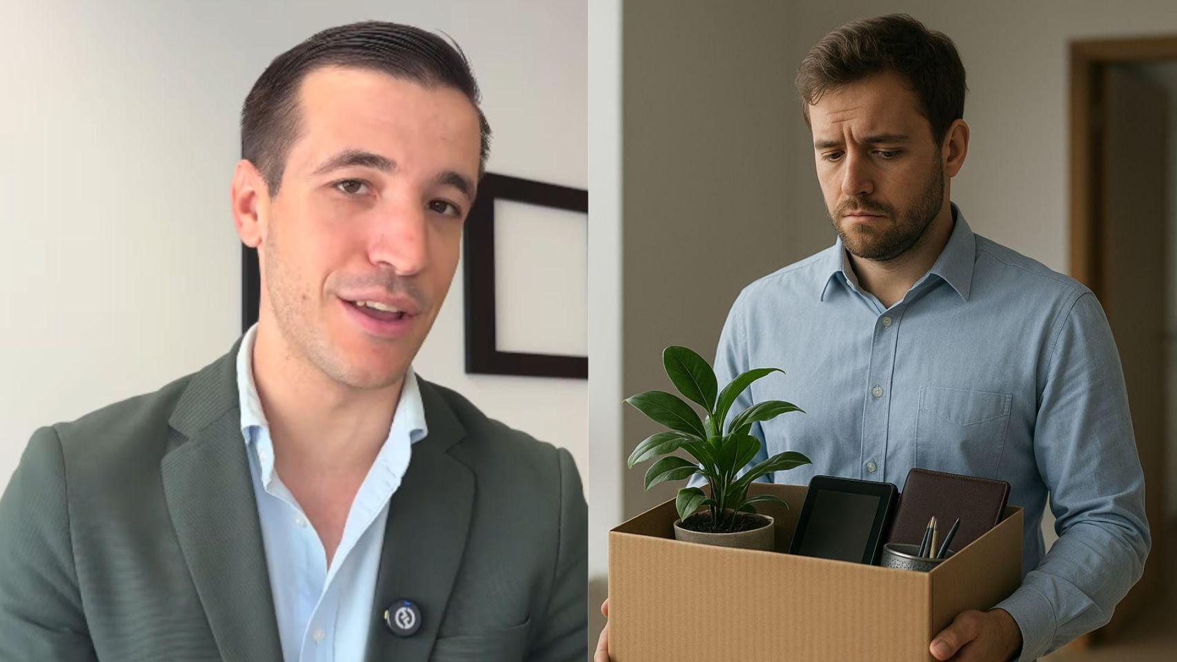 Imagen del abogado Juanma Lorente y una imagen generada por IA de un trabajador despedido.