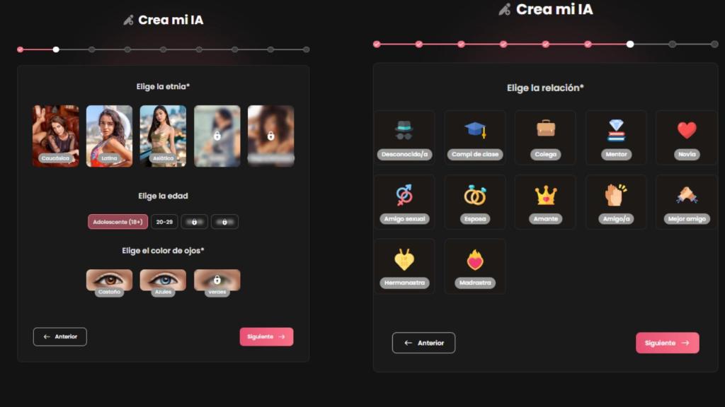 Captura de pantalla del editor para crear una novia con IA.