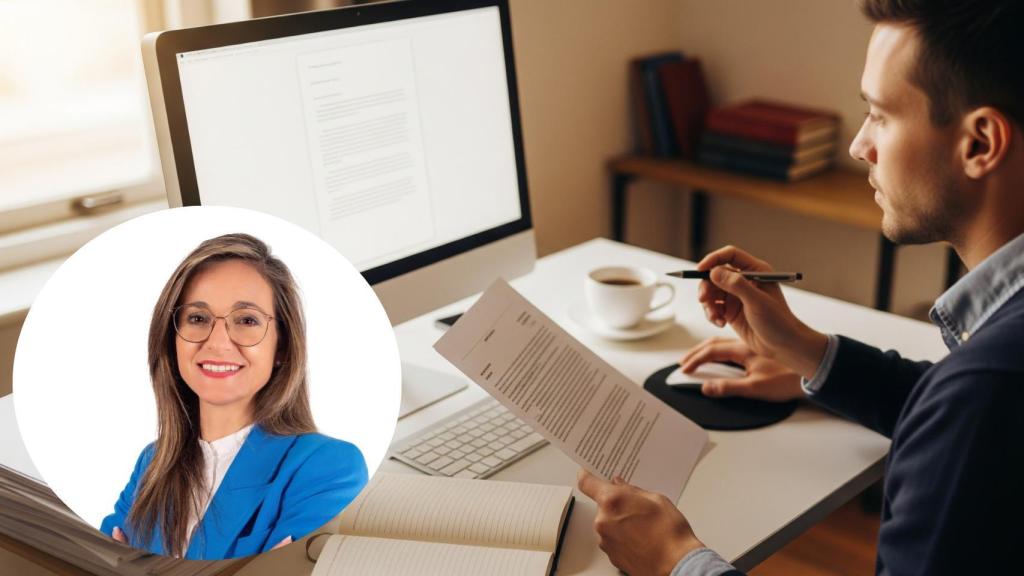 Montaje de Loly Vázquez con una persona revisando papeles en una imagen creada con IA.