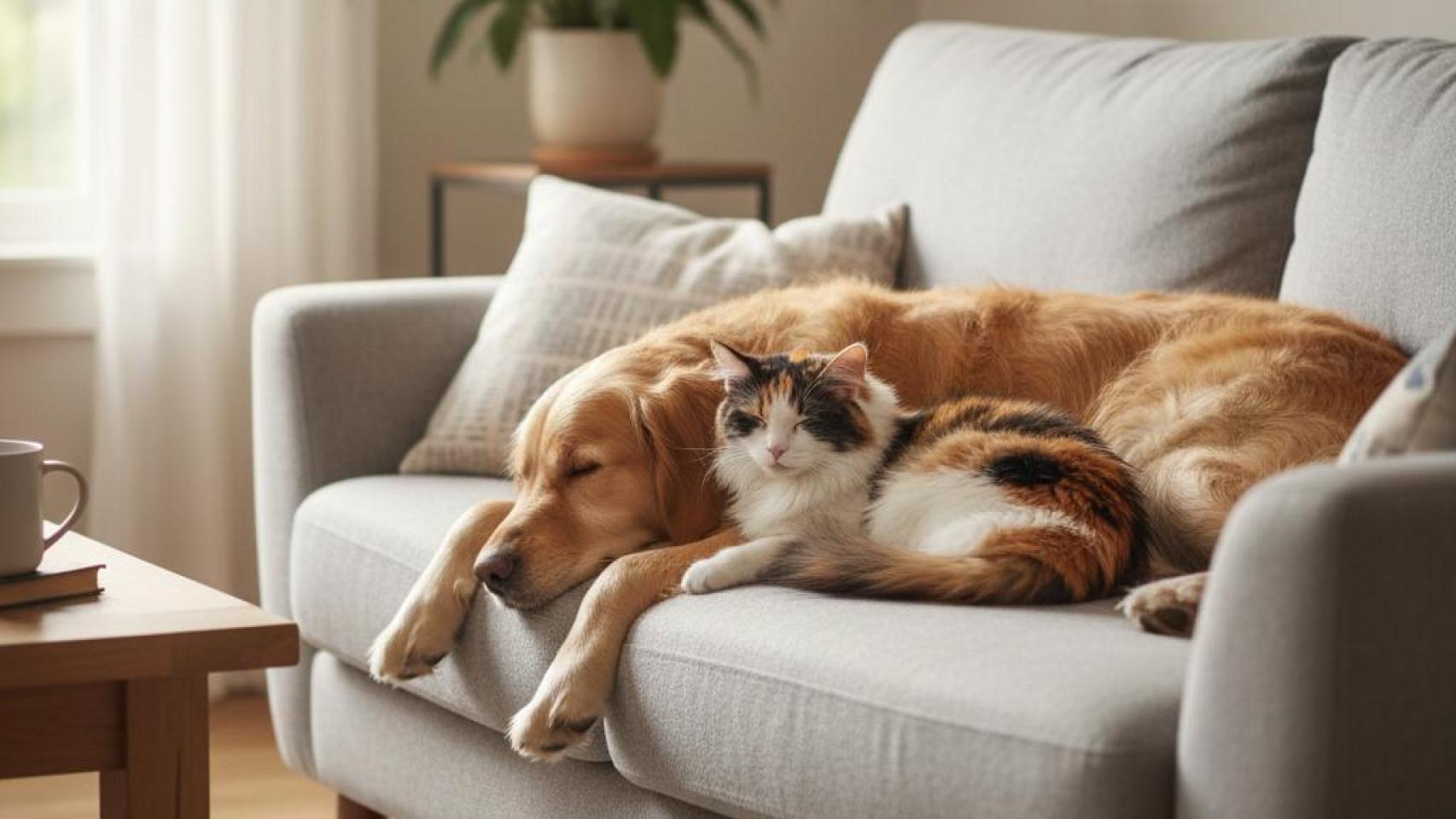 Un perro y un gato en un sofá.
