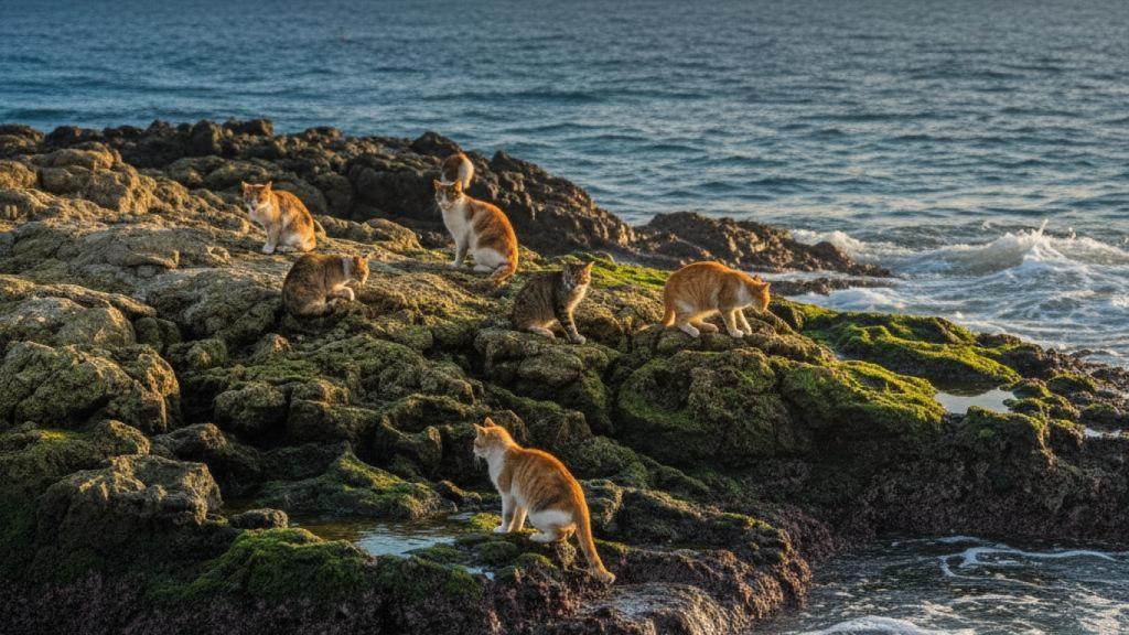 Unos gatos en una roca cerca del mar.
