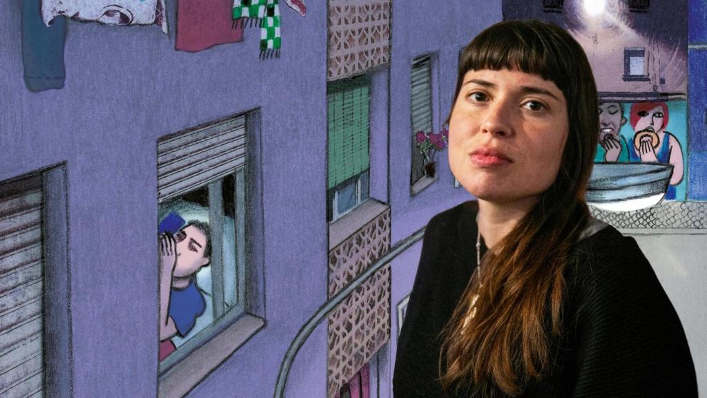 Ana Penyas (foto: Álvaro Minguito). Al fondo, ilustración de la portada de su nuevo cómic, 'En vela' (Salamandra Graphic)