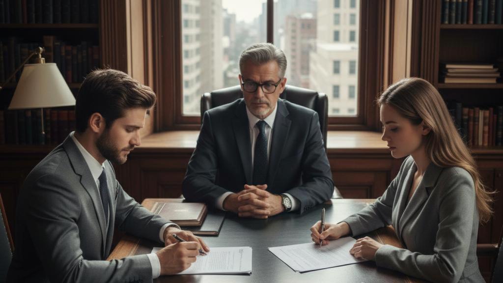 Dos personas firman su divorcio, imagen generada por la IA. EE
