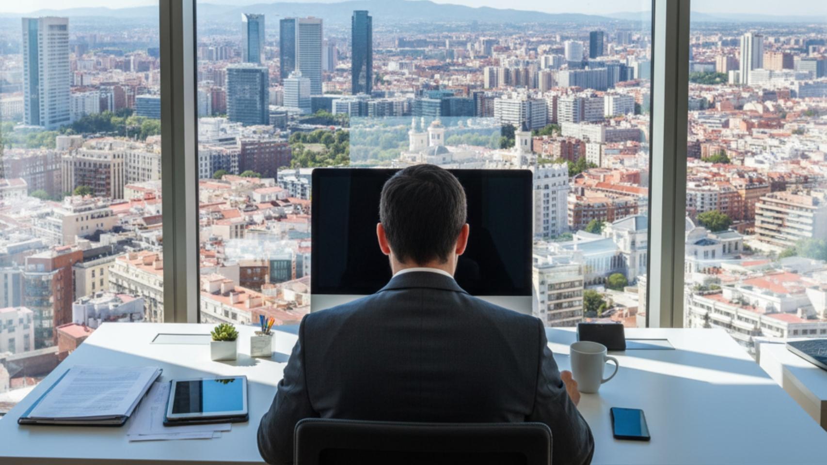 Imagen de un consultor trabajando en su despacho generada por IA.