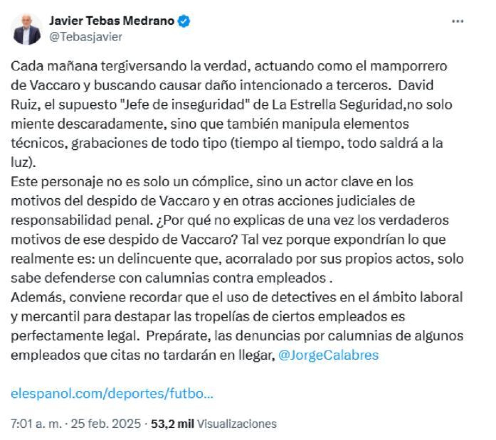 Tweet de Javier Tebas