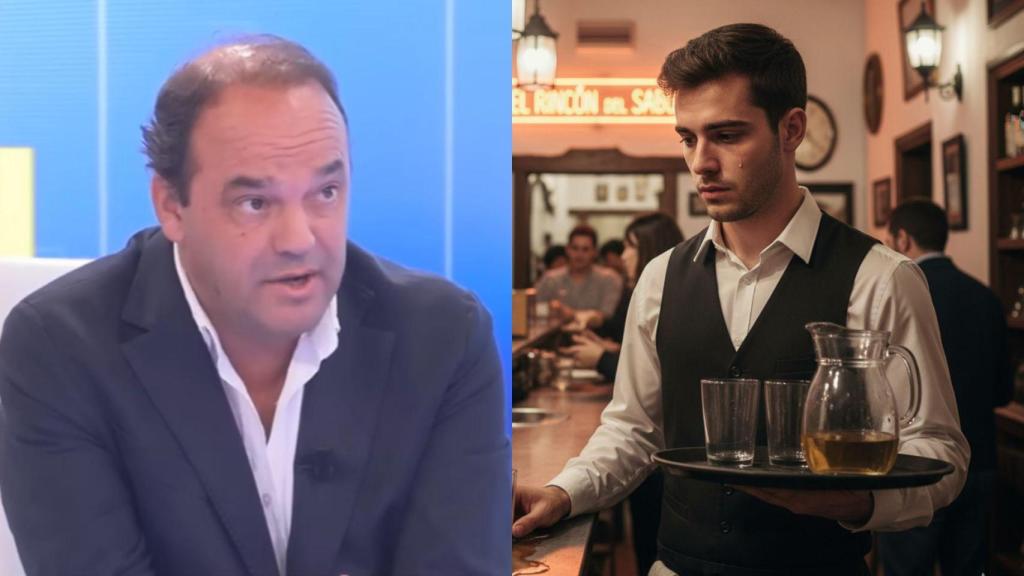 Imagen del economista José Carlos Díez y una imagen generada por IA de un trabajador hostelero.