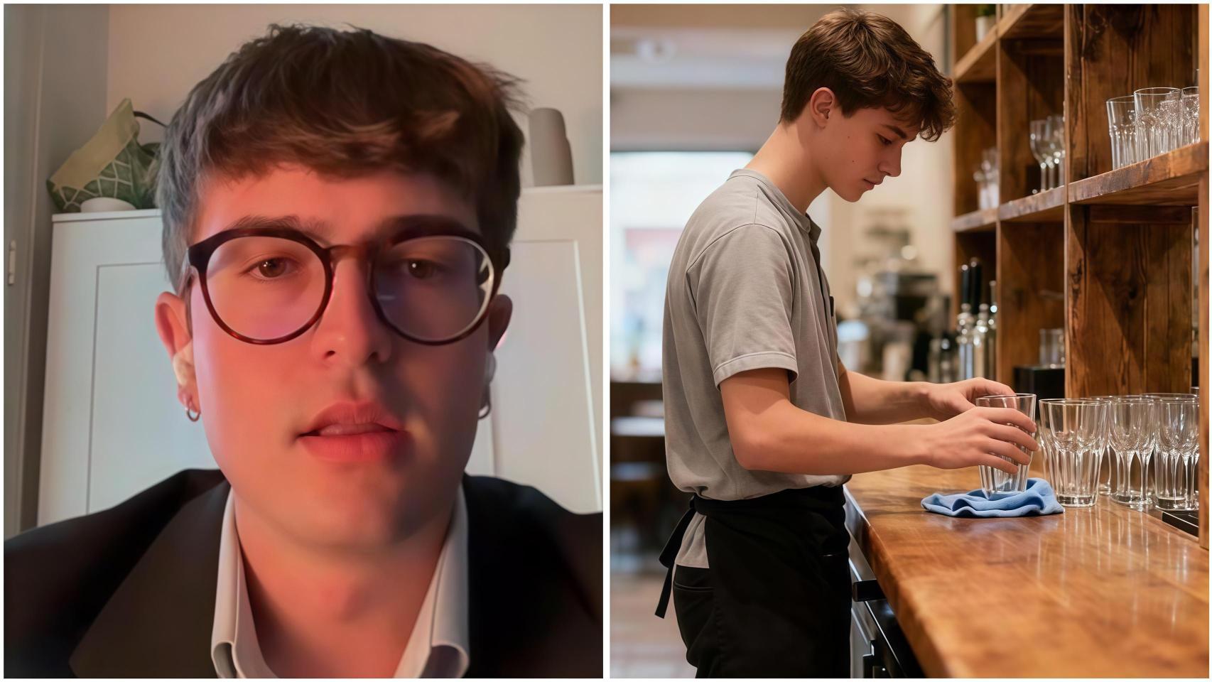 Fotomontaje de Aritz Durán y un camarero trabajando en un restaurante.