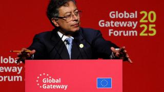 Gustavo Petro este jueves en un foro en Bruselas.