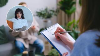 Montaje de un profesional de la psicología en consulta y Tania Lozano.